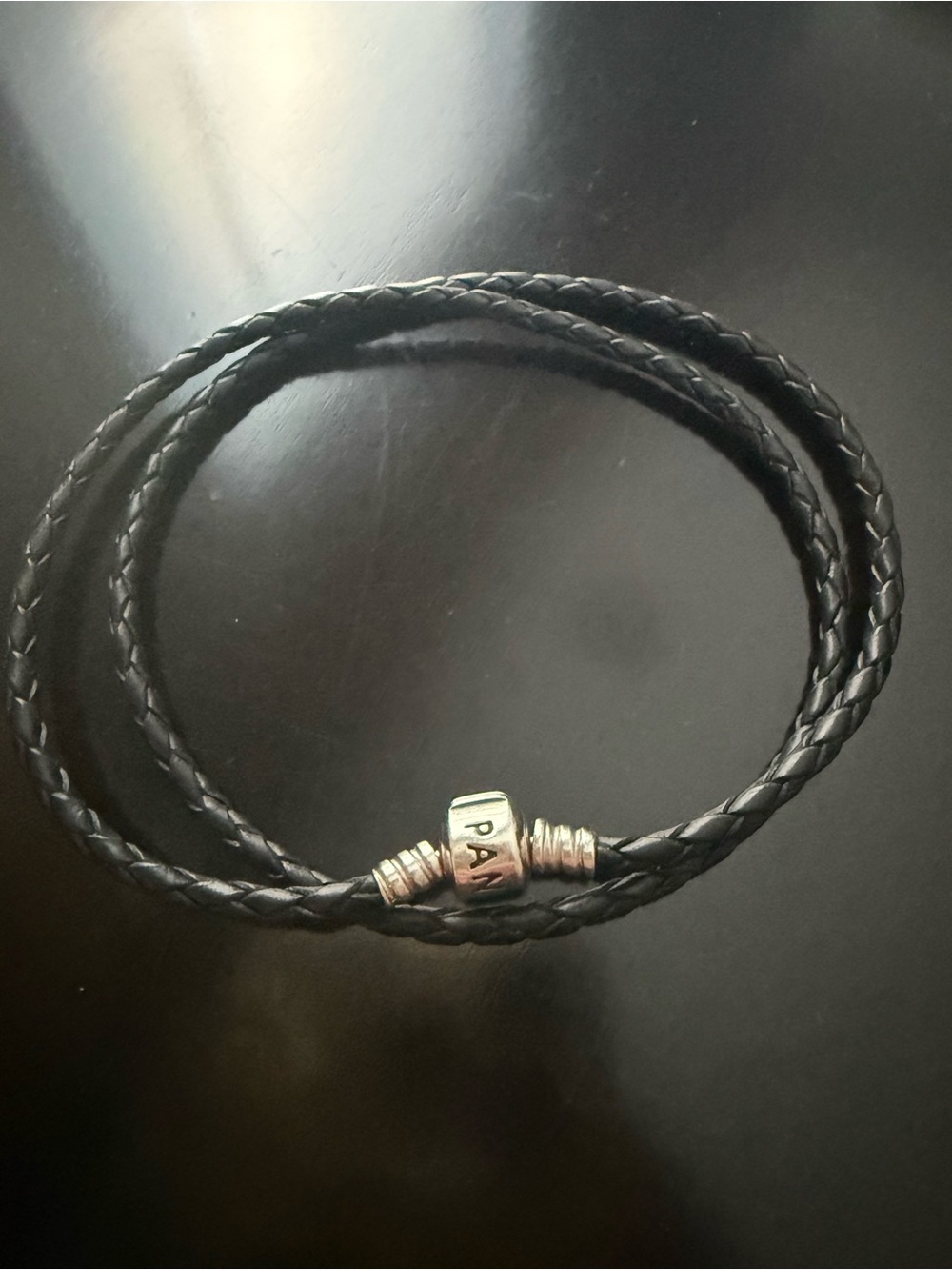 Pandora Black Braided Leather Double-Wrap Bracelet with Silver Barrel Clasp